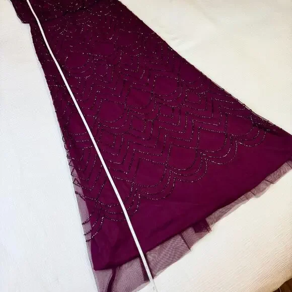 Adrianna Papell Beaded Sheer Overlay Evening Gown Cassis Wine Burgundy Women’s 6 - Picture 6 of 16